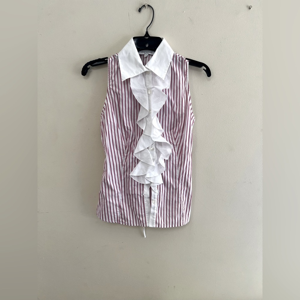 Anne Fontaine Red and White Ruffled Sleeveless Blouse